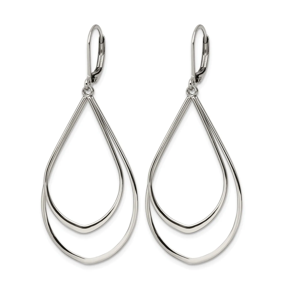 Pair of silver teardrop earrings with double nested outlines and leverback closures, shown against a white background.
