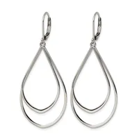 Pair of silver teardrop earrings with double nested outlines and leverback closures, shown against a white background.