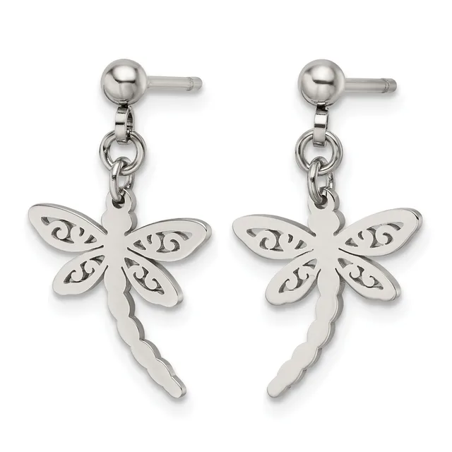 Pair of stainless steel dragonfly dangle earrings with decorative scrollwork patterns on the wings and scalloped tail, attached to ball post studs.