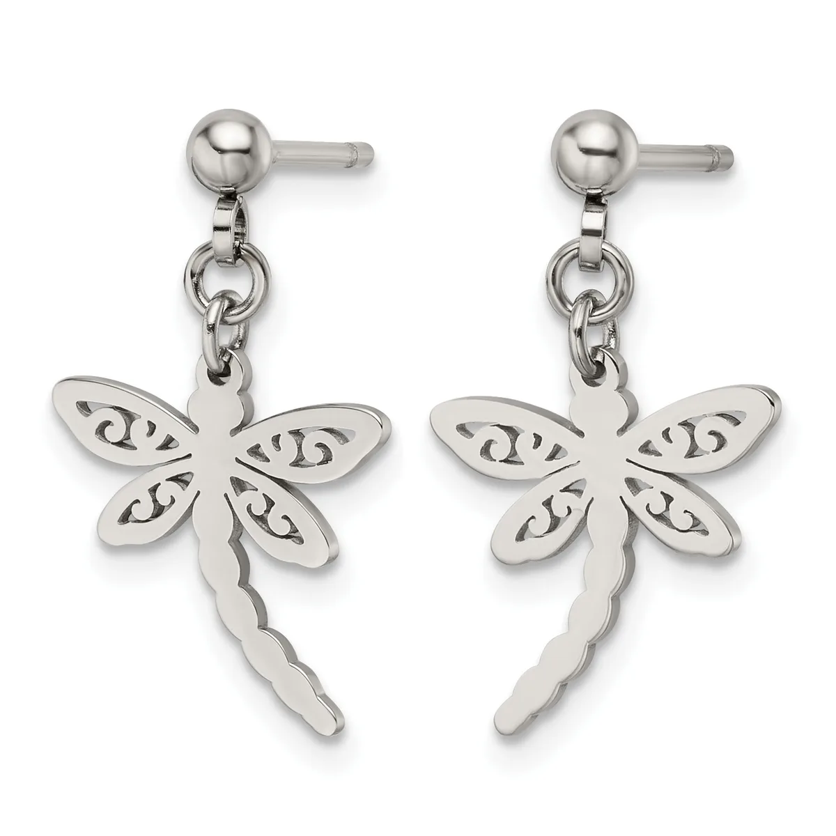 Pair of stainless steel dragonfly dangle earrings with decorative scrollwork patterns on the wings and scalloped tail, attached to ball post studs.