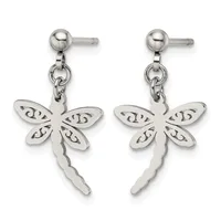 Pair of stainless steel dragonfly dangle earrings with decorative scrollwork patterns on the wings and scalloped tail, attached to ball post studs.