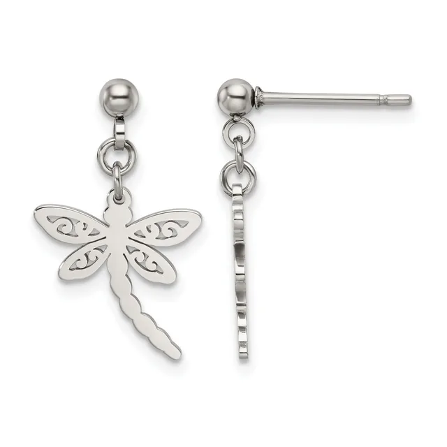 Pair of silver dragonfly dangle earrings with ball studs, featuring decorative patterned wings and textured tails.