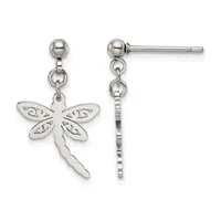 Pair of silver dragonfly dangle earrings with ball studs, featuring decorative patterned wings and textured tails.