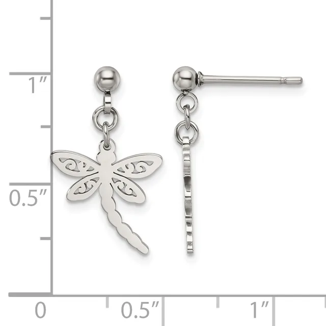 Pair of silver dragonfly dangle earrings with decorative wing details and chain extensions, shown next to a measurement ruler.