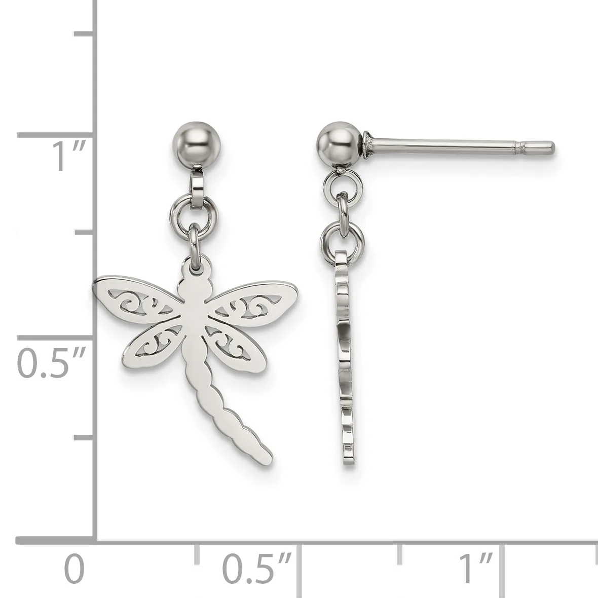 Pair of silver dragonfly dangle earrings with decorative wing details and chain extensions, shown next to a measurement ruler.