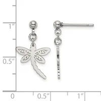 Pair of silver dragonfly dangle earrings with decorative wing details and chain extensions, shown next to a measurement ruler.