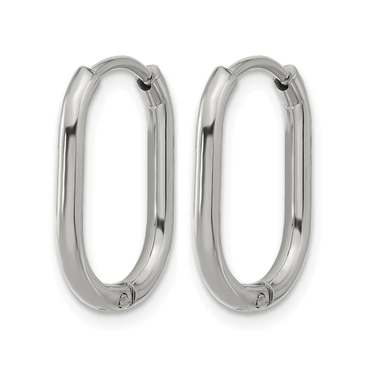 A pair of polished silver oval hoop earrings with hinged closures, displayed side by side against a white background.