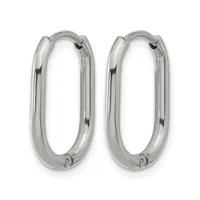 A pair of polished silver oval hoop earrings with hinged closures, displayed side by side against a white background.