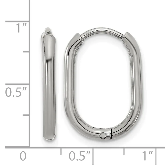Two silver-toned oval hoop earrings displayed next to a ruler showing approximately one inch in length and half inch in width.