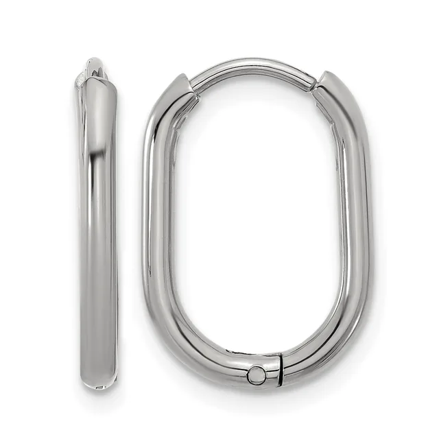 A pair of polished silver-toned oval hoop earrings with hinged closures, shown from the front and side views.
