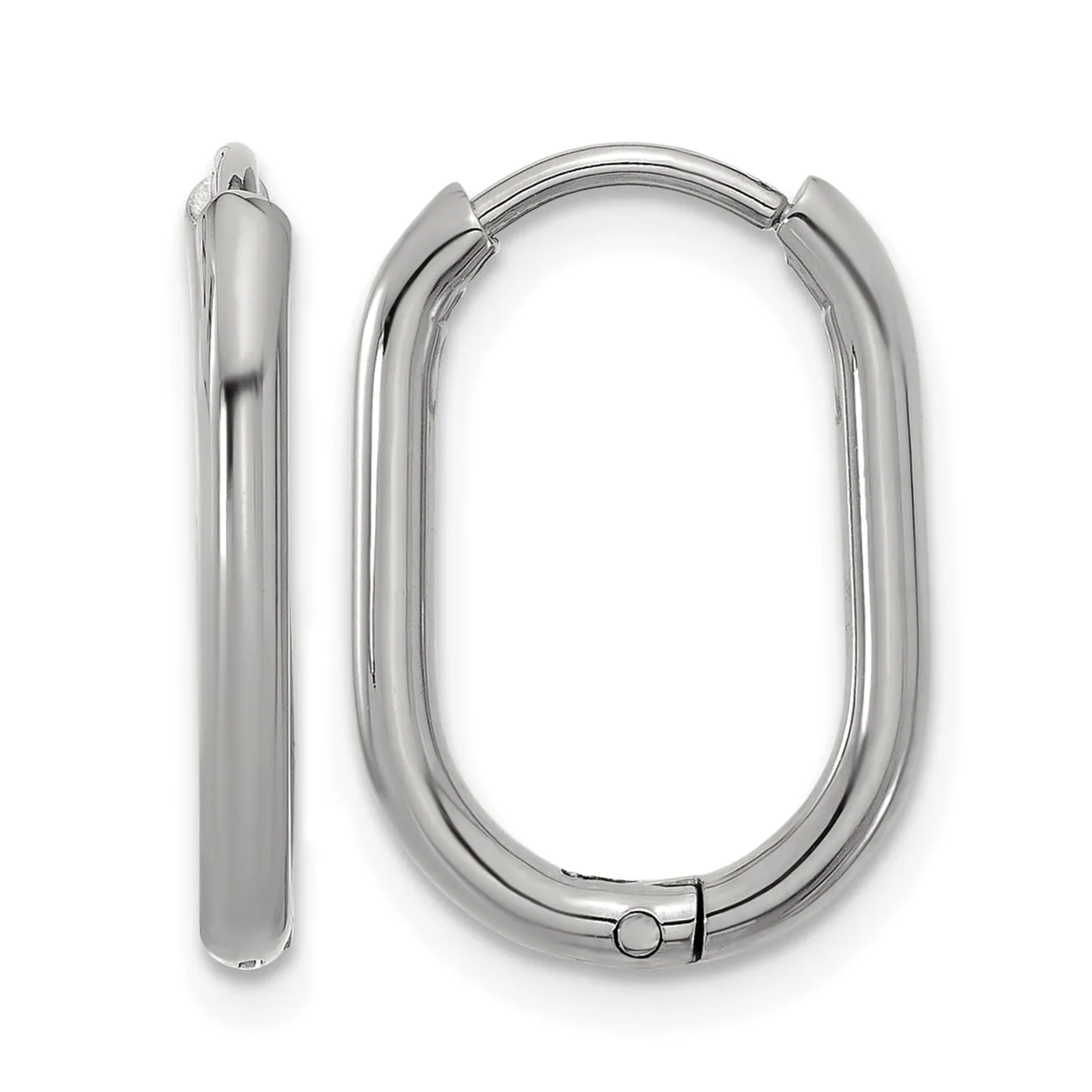 A pair of polished silver-toned oval hoop earrings with hinged closures, shown from the front and side views.