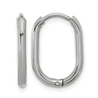 A pair of polished silver-toned oval hoop earrings with hinged closures, shown from the front and side views.