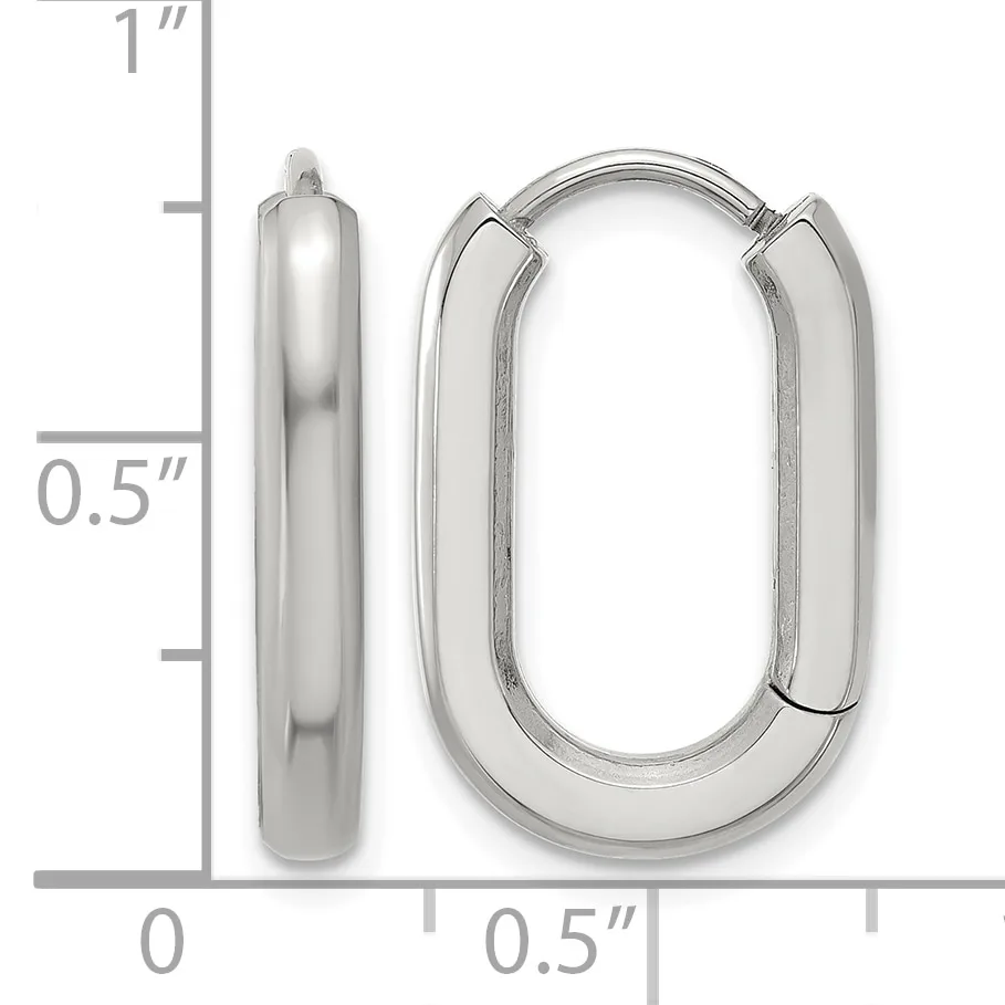 Polished sterling silver chunky oval hoop earrings with hinged posts, shown with measurement scale indicating approximately one inch in height and half inch in width.