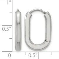 Polished sterling silver chunky oval hoop earrings with hinged posts, shown with measurement scale indicating approximately one inch in height and half inch in width.