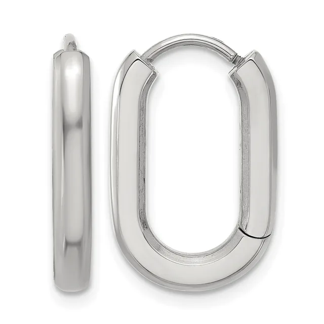 A pair of polished silver oval-shaped hoop earrings with a hinged closure, shown from the front and side views.