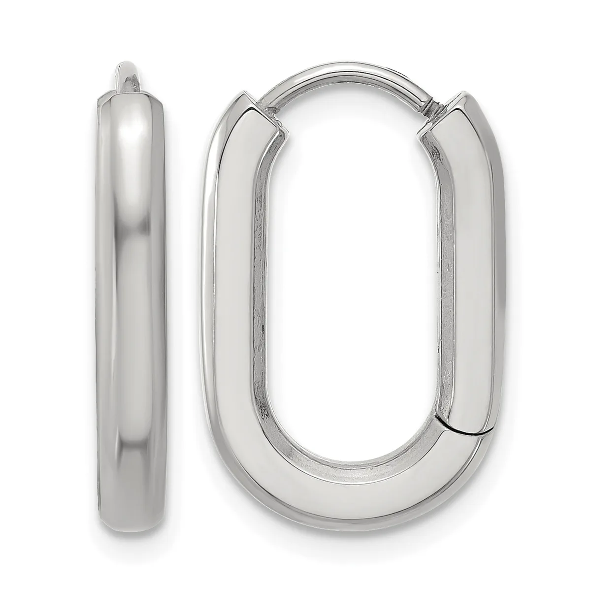 A pair of polished silver oval-shaped hoop earrings with a hinged closure, shown from the front and side views.
