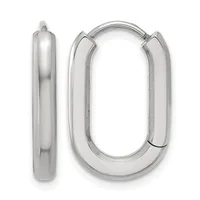 A pair of polished silver oval-shaped hoop earrings with a hinged closure, shown from the front and side views.