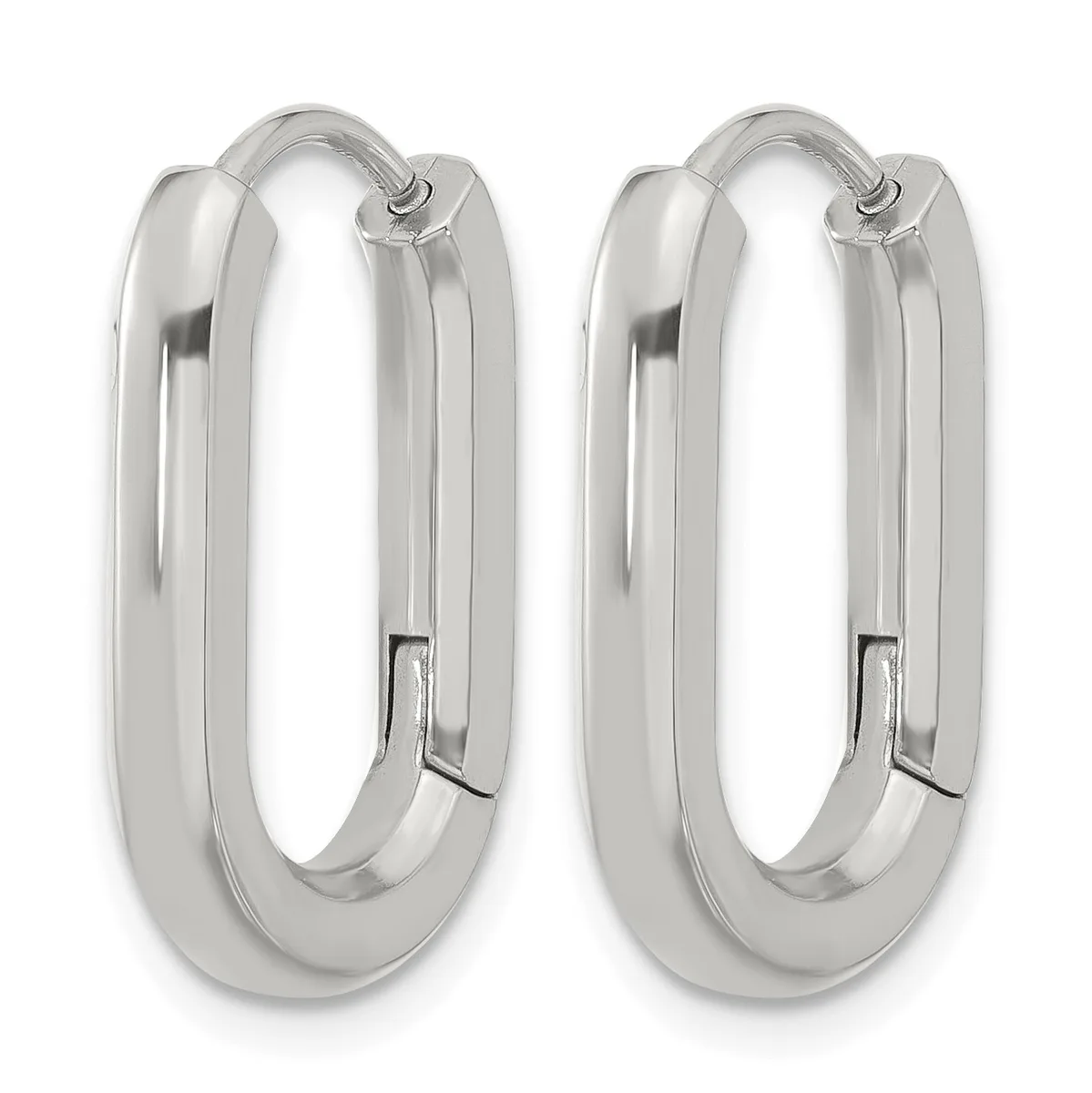 A pair of polished silver oval hoop earrings with hinged closures, displayed side by side against a white background.