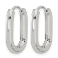 A pair of polished silver oval hoop earrings with hinged closures, displayed side by side against a white background.