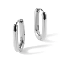 Two polished silver hoop earrings with chunky rounded profiles and black accent bands, displayed at an angle against a white background.