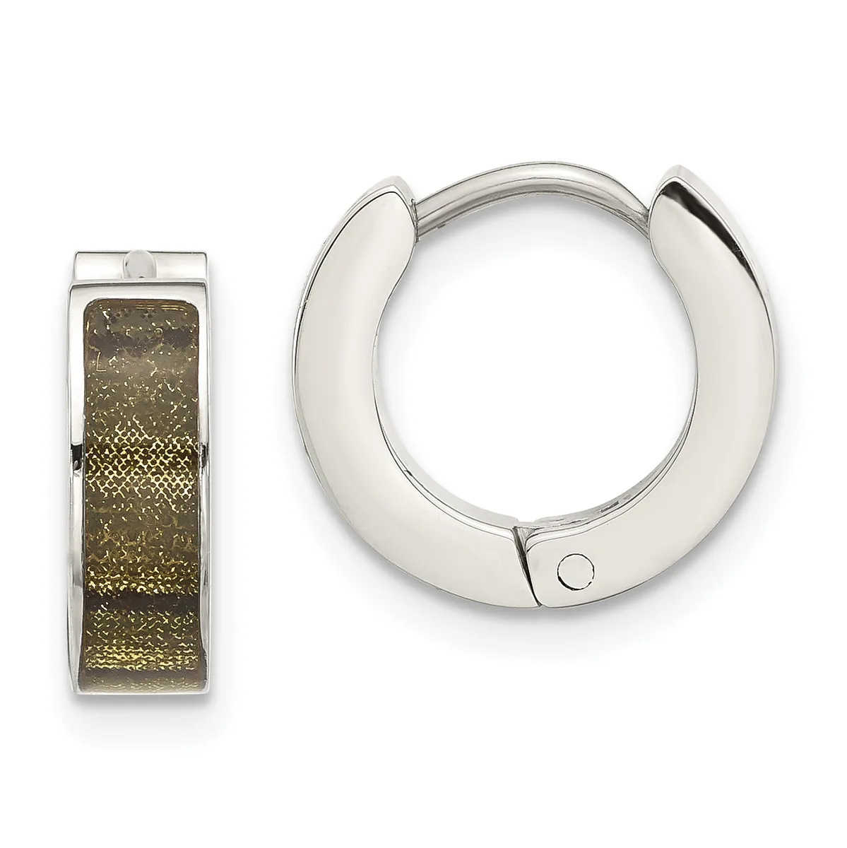 Two silver-toned earrings displayed against a white background: a pair of polished hollow hoop earrings and a textured rectangular post earring with a dimpled surface.