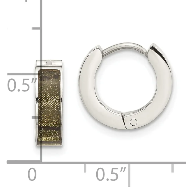 Silver hoop earrings with textured gold-toned rectangular inserts, displayed next to a measurement scale showing 0.5 inch height and width.