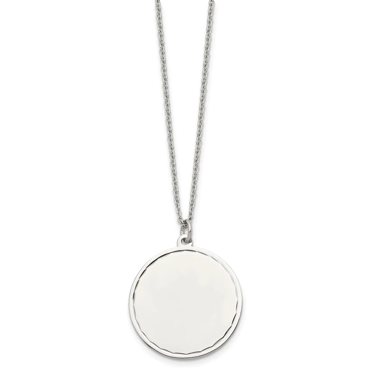A silver-toned circular pendant with a polished blank disc hangs from a delicate chain against a white background.