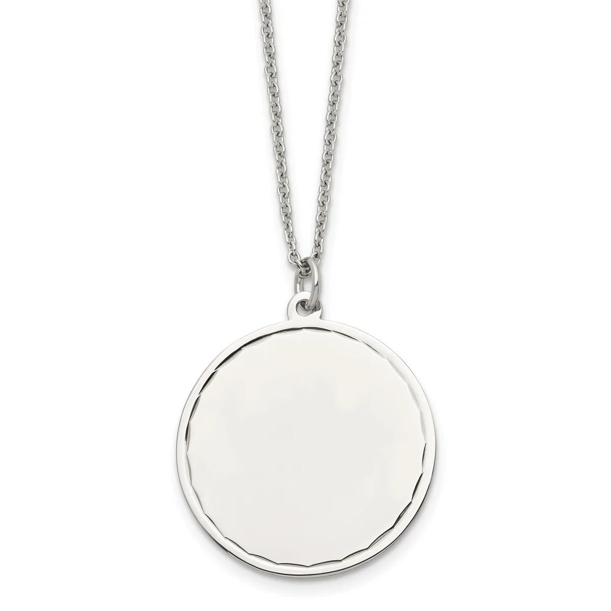 A silver chain necklace with a large round pendant featuring a polished white or cream-colored circular face surrounded by a textured silver rim.