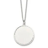 A silver chain necklace with a large round pendant featuring a polished white or cream-colored circular face surrounded by a textured silver rim.