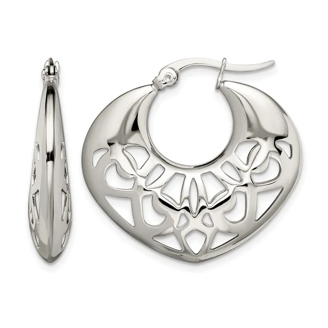 Sterling silver hoop earrings with an ornate cutout heart design, shown from front and side views.