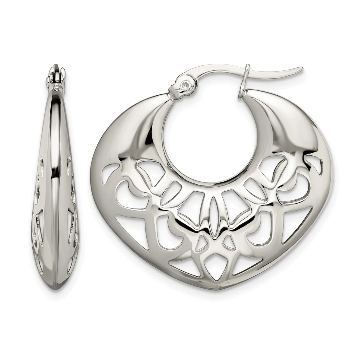 Sterling silver hoop earrings with an ornate cutout heart design, shown from front and side views.