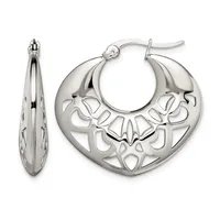 Sterling silver hoop earrings with an ornate cutout heart design, shown from front and side views.
