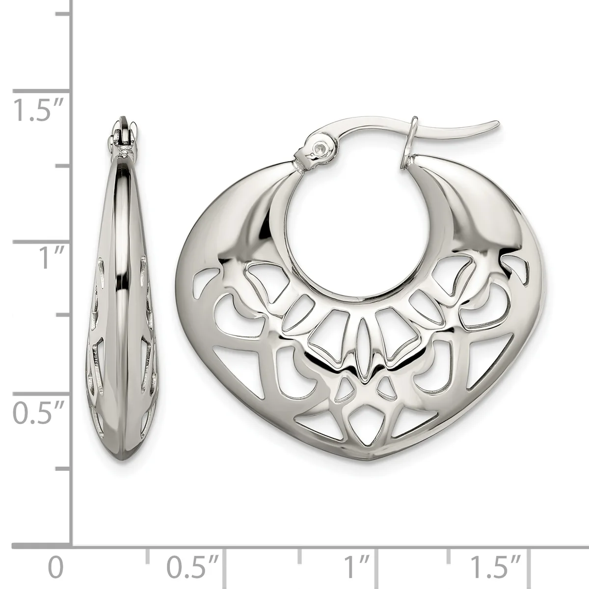 Pair of silver hoop earrings with openwork floral design, shown from front and side view with measurement scale indicating approximately 1.25 inches in diameter.