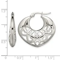 Pair of silver hoop earrings with openwork floral design, shown from front and side view with measurement scale indicating approximately 1.25 inches in diameter.