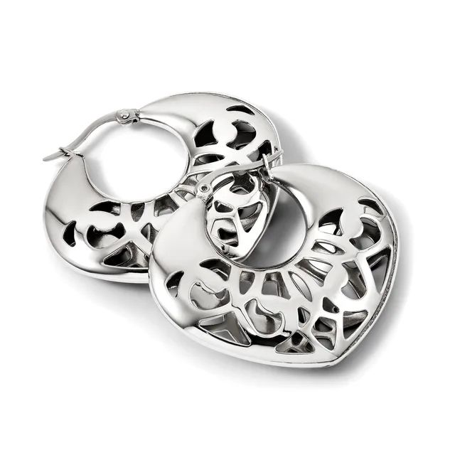 Pair of polished silver hoop earrings with open filigree cutout patterns featuring organic, flowing designs throughout.