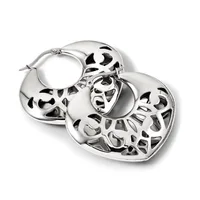 Pair of polished silver hoop earrings with open filigree cutout patterns featuring organic, flowing designs throughout.