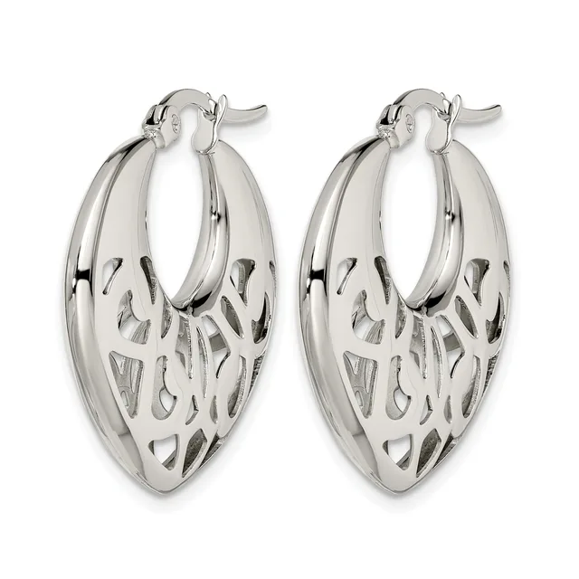 A pair of silver-toned hoop earrings with an oval shape and decorative cutout pattern throughout, displayed against a white background.