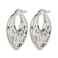 A pair of silver-toned hoop earrings with an oval shape and decorative cutout pattern throughout, displayed against a white background.