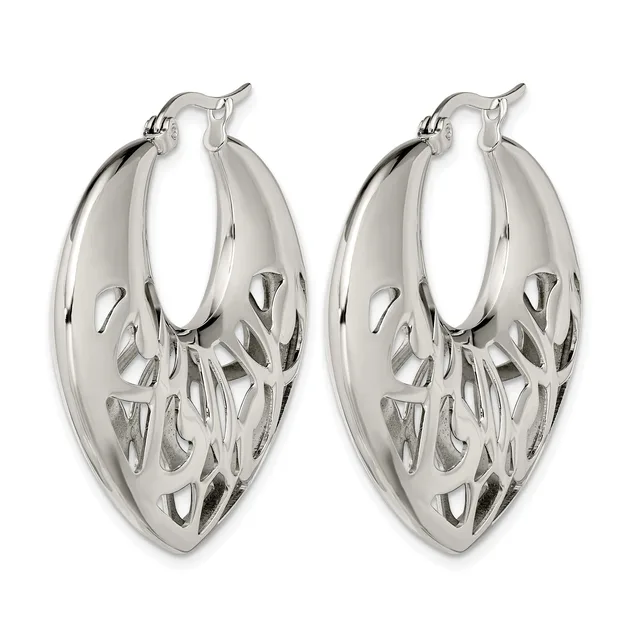 Pair of silver-toned hoop earrings with an oval shape and decorative cutout pattern on the surface, shown against a white background.