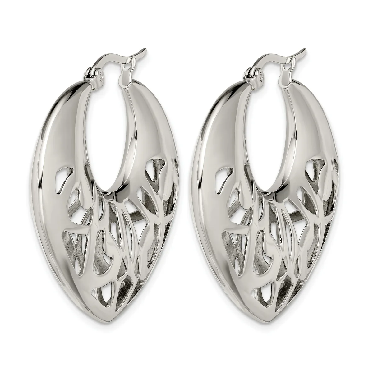 Pair of silver-toned hoop earrings with an oval shape and decorative cutout pattern on the surface, shown against a white background.