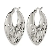 Pair of silver-toned hoop earrings with an oval shape and decorative cutout pattern on the surface, shown against a white background.