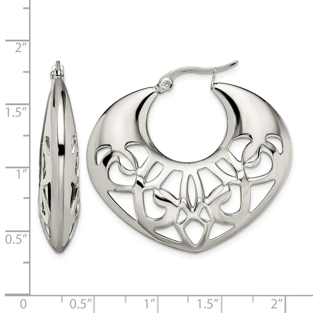 Pair of silver hoop earrings with decorative cutout floral design, shown from front and side views with a measurement scale.