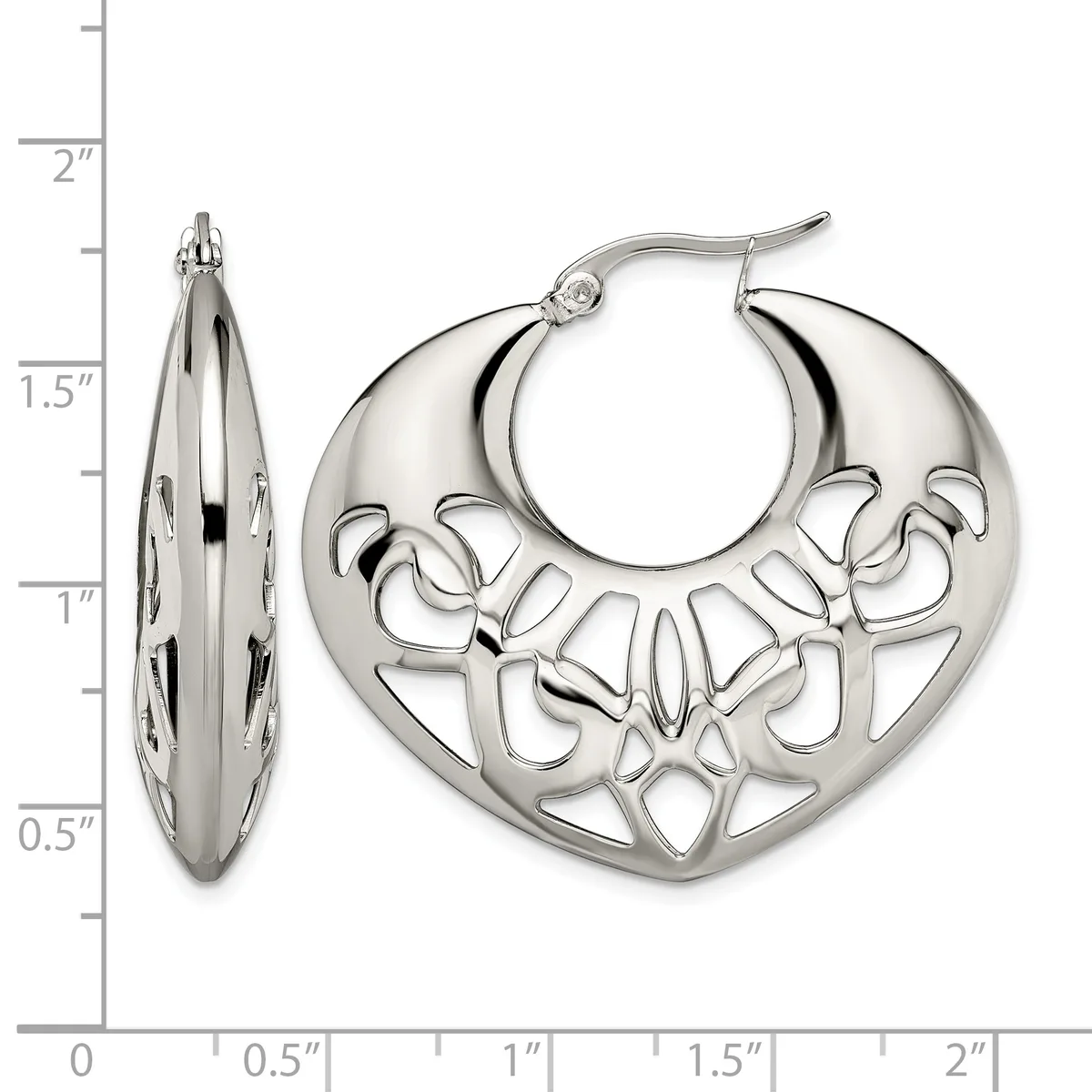 Pair of silver hoop earrings with decorative cutout floral design, shown from front and side views with a measurement scale.