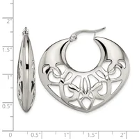 Pair of silver hoop earrings with decorative cutout floral design, shown from front and side views with a measurement scale.
