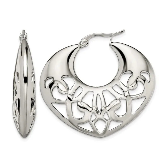 Pair of silver hoop earrings with openwork floral design on the front and smooth polished finish on the back, shown from front and side views.