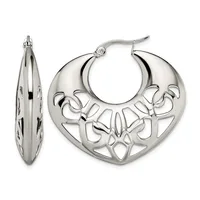 Pair of silver hoop earrings with openwork floral design on the front and smooth polished finish on the back, shown from front and side views.