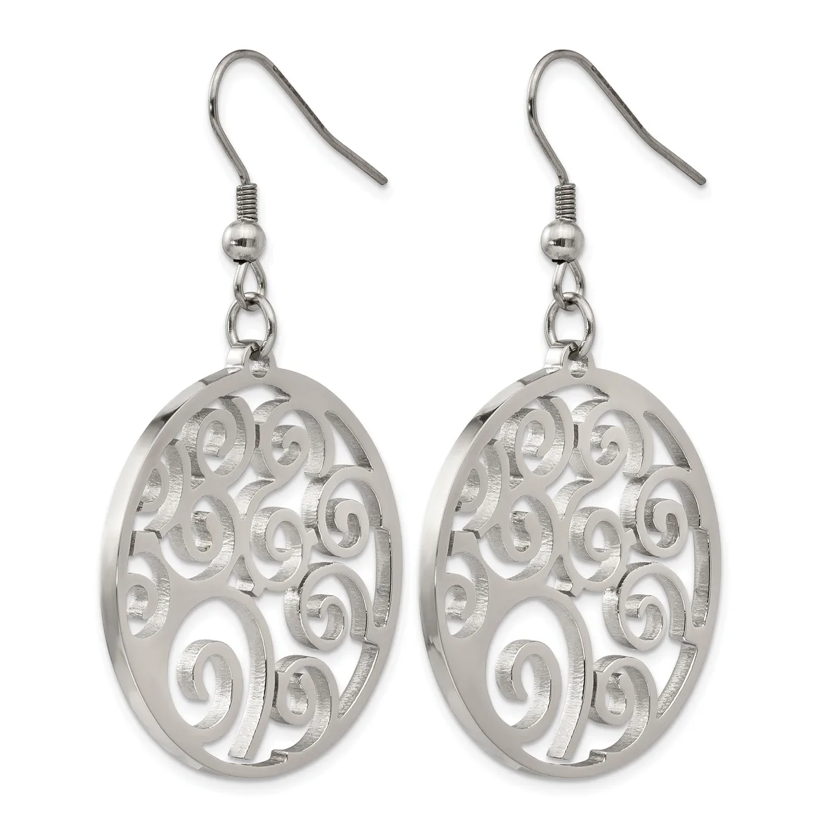 A pair of silver-toned oval dangle earrings with filigree spiral cutout patterns, suspended from fish hook wires.