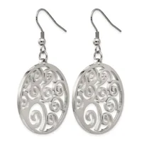 A pair of silver-toned oval dangle earrings with filigree spiral cutout patterns, suspended from fish hook wires.