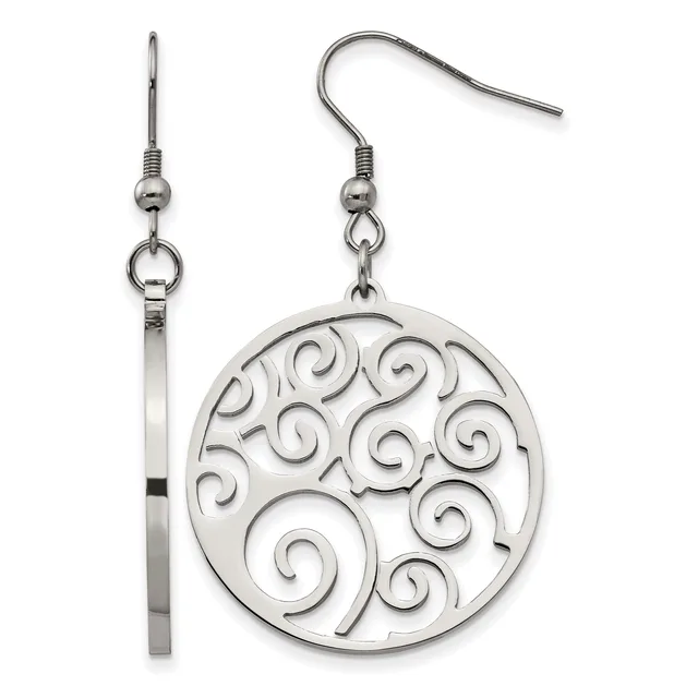 Silver-toned dangle earrings with fish hook wires, featuring round pendants with open scrollwork spiral design.