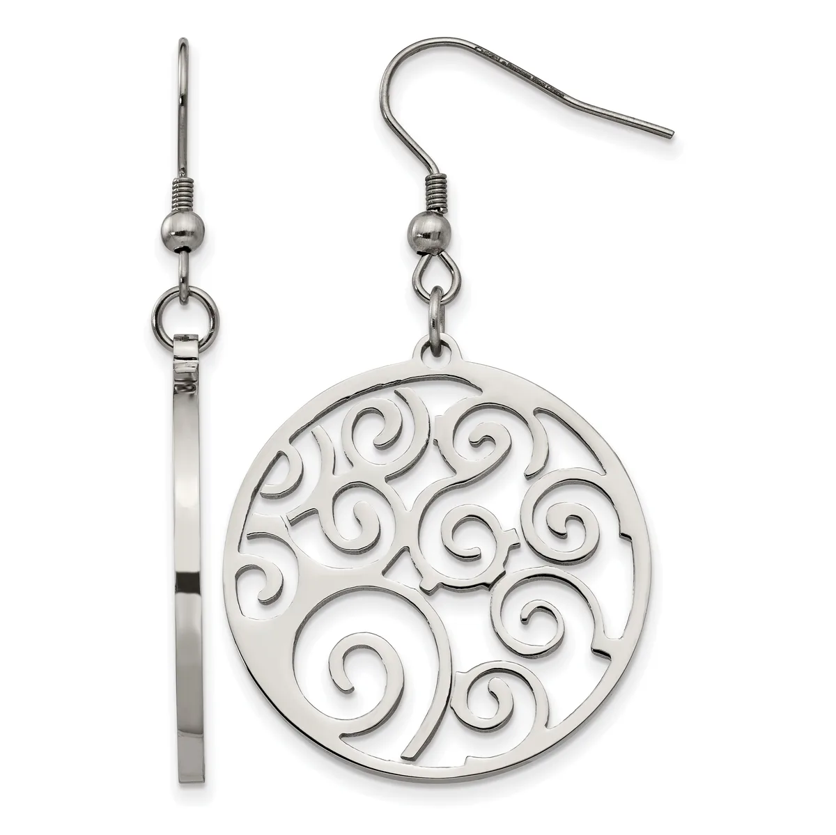 Silver-toned dangle earrings with fish hook wires, featuring round pendants with open scrollwork spiral design.